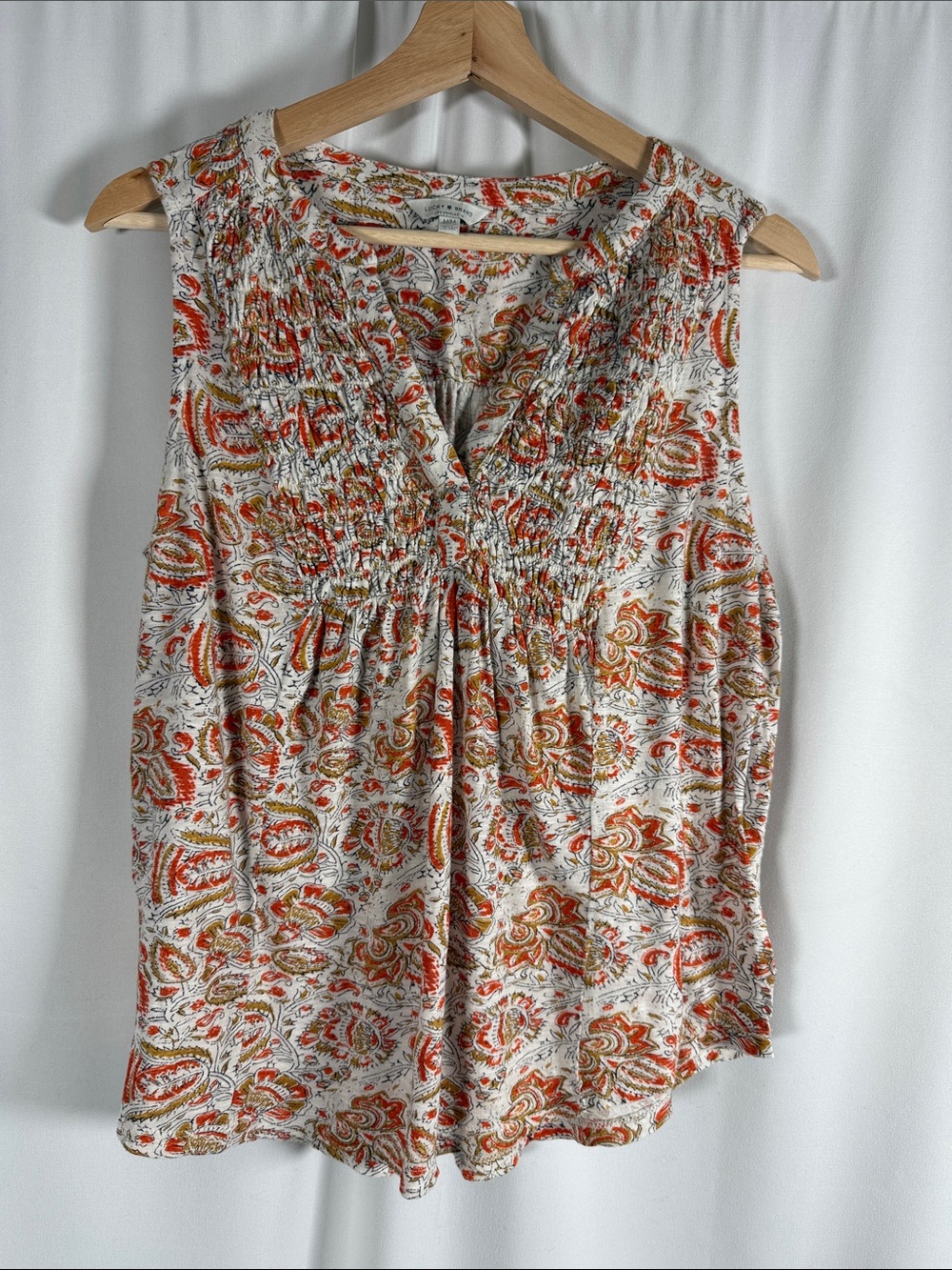 Lucky Brand Sleeveless Paisley Smocked V-Neck Top - White, Orange & Tan